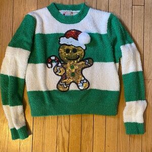 Festive Green and White Striped Sweater with Gingerbread Design Pom Pom Jrs L